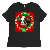 Black christmas holstein calf face Ladies Tee - LillyAllenDesigns