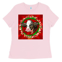 Bubblegum Pink christmas holstein calf face Ladies Tee - LillyAllenDesigns