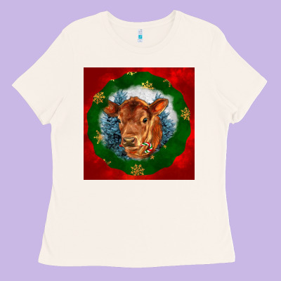 Christmas Red Angus Calf Head Ladies Tee Designed By Lillyallendesigns