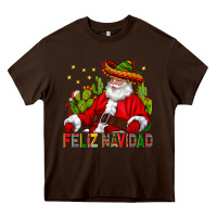 Chocolate Brown Feliz Navidad Santa With Cactus Heavy Core Tee - BundleAndBundleShop