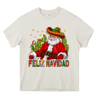 Cream Feliz Navidad Santa With Cactus Heavy Core Tee - BundleAndBundleShop