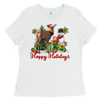 White happy holidays baby deer Ladies Tee - LillyAllenDesigns