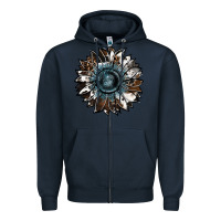 Navy cowhide leopard and  leather sunflower Zipper Hoodie - RanaPortraitStore