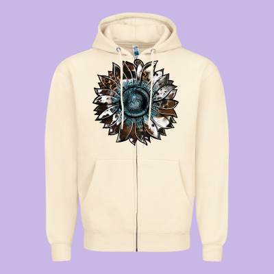 Cowhide Leopard And  Leather Sunflower Zipper Hoodie Designed By Ranaportraitstore