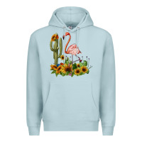 Blue Mist flamingo with cactus and sunflowers Premium Hoodie - BarkalooDesign