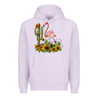 Lilac flamingo with cactus and sunflowers Premium Hoodie - BarkalooDesign