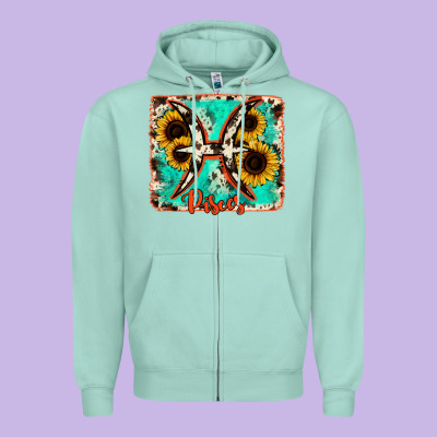 Pisces Turquoise Cowhide Zipper Hoodie Designed By Ranaportraitstore