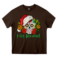 Chocolate Brown Feliz Navidad Skull Heavy Core Tee - BundleAndBundleShop