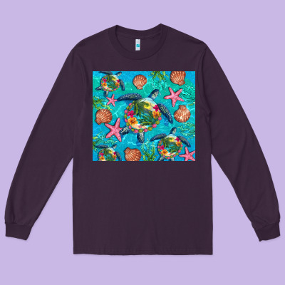 Turtle Summer Seashells Starfish Seaweed Long Sleeve Tee Designed By Artiststas