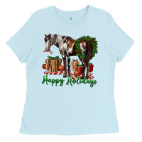 Baby Blue happy holidays mustang horse Ladies Tee - LillyAllenDesigns
