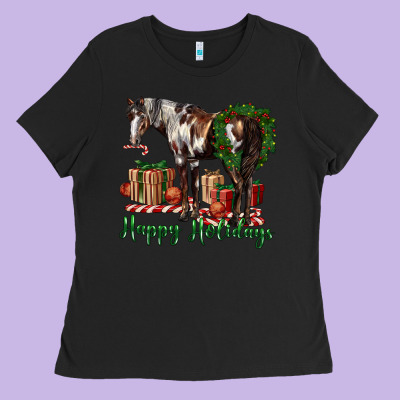 Happy Holidays Mustang Horse Ladies Tee Designed By Lillyallendesigns