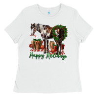 White happy holidays mustang horse Ladies Tee - LillyAllenDesigns