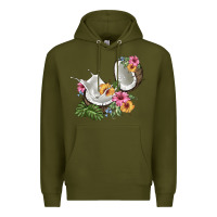 Army Green coconut with tropical leavers and flowers Premium Hoodie - BarkalooDesign