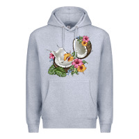 Heather Grey coconut with tropical leavers and flowers Premium Hoodie - BarkalooDesign