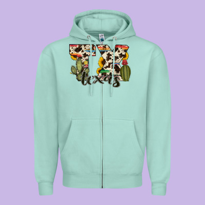 Texas State Cowhide Serape Cactus Zipper Hoodie Designed By Ranaportraitstore