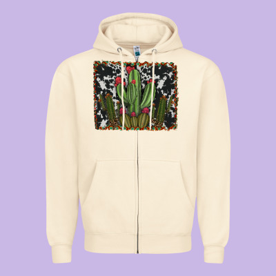 Aztec Cowhide Cacti Zipper Hoodie Designed By Ranaportraitstore