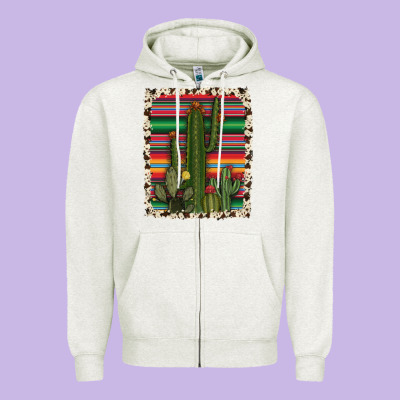Serape Cowhide Cacti Zipper Hoodie Designed By Ranaportraitstore