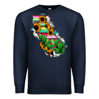 Navy California Map Sunflower Cactus Serape Premium Sweatshirt - RanaPortraitStore