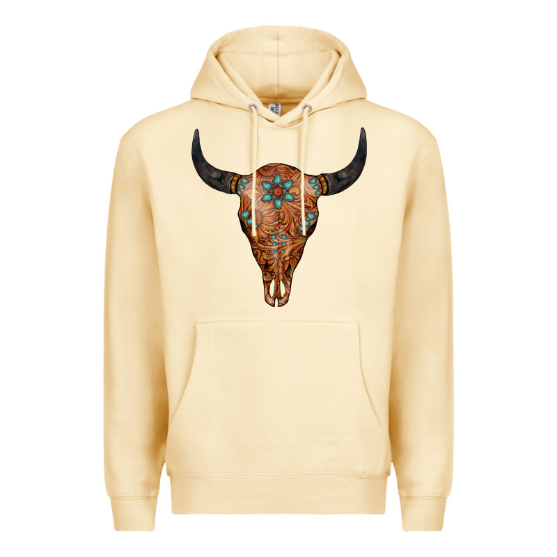 Western Tooled Leather Bull Skull Premium Hoodie by Jasminsmagicworld | Teevron