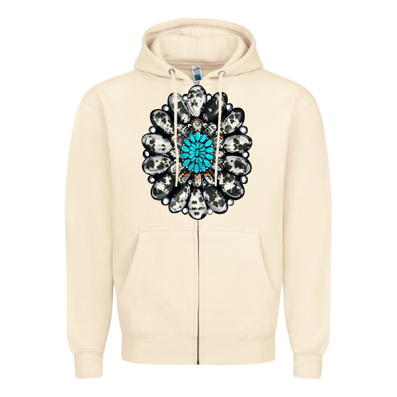 Cowhide Aztec Gemstone Zipper Hoodie by RanaPortraitStore | Teevron