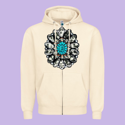 Cowhide Aztec Gemstone Zipper Hoodie Designed By Ranaportraitstore