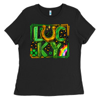 Black lucky horseshoe st patricks day leopard frame Ladies Tee - LillyAllenDesigns