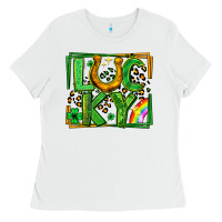 White lucky horseshoe st patricks day leopard frame Ladies Tee - LillyAllenDesigns