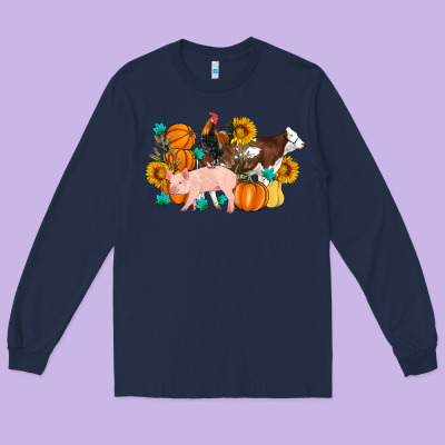 Farm Life Fall Pig Cow Rooster Long Sleeve Tee Designed By Artiststas