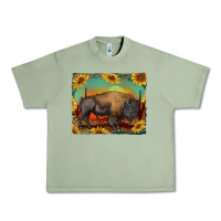 Oil Green western bison with sunset background Urban Heavy Tee - RanaPortraitStore