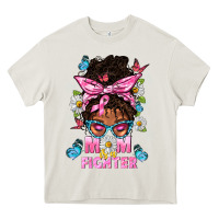Cream Mom Is A Fighter And Afro Messy Bun Mom Heavy Core Tee - BundleAndBundleShop