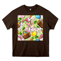Chocolate Brown Easter Hamper With Bunny Seamless Pattern Heavy Core Tee - BundleAndBundleShop
