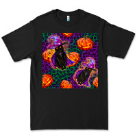 Black witchy cat and pumpkins seamless paternal Premium Tee - BundleAndBundleShop