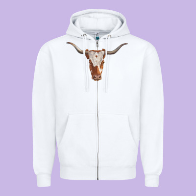 Longhorn Cow Head Zipper Hoodie Designed By Ranaportraitstore