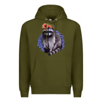 Army Green Classy But A Little Thrashy Racoon With Flowers Premium Hoodie - Jasminsmagicworld