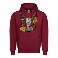 Burgundy bull skull with horseshoe Zipper Hoodie - RanaPortraitStore
