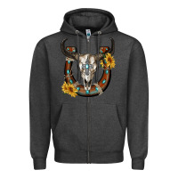 Charcoal Heather bull skull with horseshoe Zipper Hoodie - RanaPortraitStore