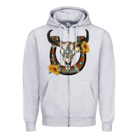 Bull Skull With Horseshoe Zipper Hoodie | Teevron
