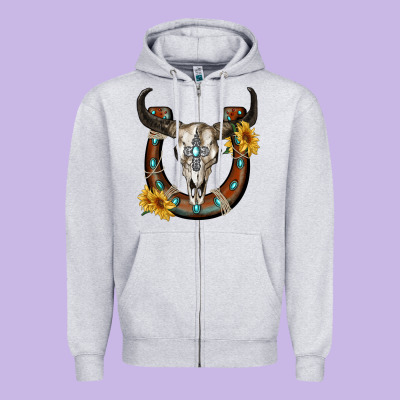 Bull Skull With Horseshoe Zipper Hoodie Designed By Ranaportraitstore