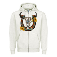 Oatmeal Heather bull skull with horseshoe Zipper Hoodie - RanaPortraitStore
