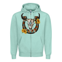 Seafoam bull skull with horseshoe Zipper Hoodie - RanaPortraitStore