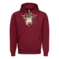 Burgundy hereford cow with floral headband Zipper Hoodie - RanaPortraitStore