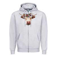 Heather Grey hereford cow with floral headband Zipper Hoodie - RanaPortraitStore