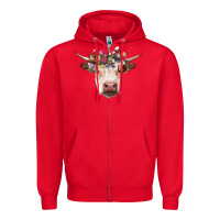Red hereford cow with floral headband Zipper Hoodie - RanaPortraitStore