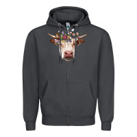 Smoke hereford cow with floral headband Zipper Hoodie - RanaPortraitStore
