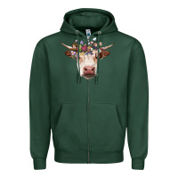 Sports Green hereford cow with floral headband Zipper Hoodie - RanaPortraitStore