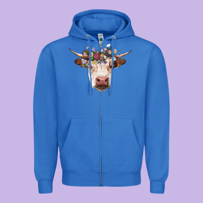 Hereford Cow With Floral Headband Zipper Hoodie Designed By Ranaportraitstore