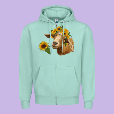Goat With Sunflower Zipper Hoodie Designed By Ranaportraitstore