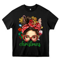 Black Christmas Messy Bun With Gingerbread Man Heavy Core Tee - BundleAndBundleShop