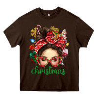 Chocolate Brown Christmas Messy Bun With Gingerbread Man Heavy Core Tee - BundleAndBundleShop