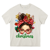 Cream Christmas Messy Bun With Gingerbread Man Heavy Core Tee - BundleAndBundleShop